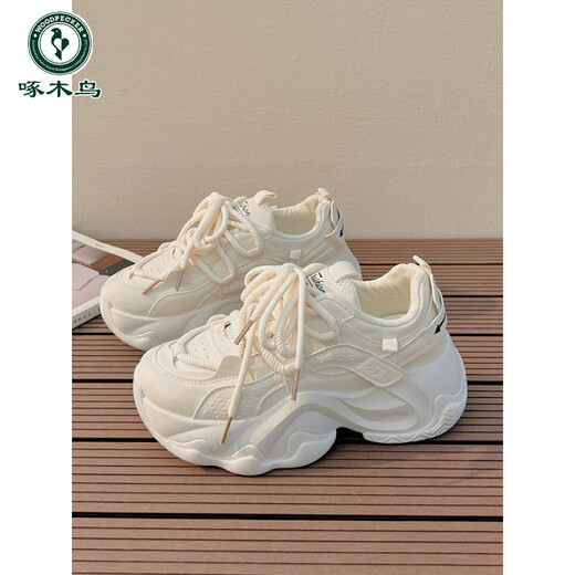 Woodpecker Chaussures papa confortables et polyvalentes pour femmes 2025 Springs de haut niveau de haut niveau pour femmes Chaussures décontractées polyvalentes FB9905 Style de maille beige 35