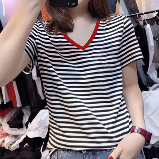 Gtyuwvg reines Baumwollwesen V-Ausschnitt mit kurzer Ärmel T-Shirt für Frauen 2025 neue europäische Waren Schulter Hühnchen Herzkragen gestreiftes Druck T-Shirt Top Trend 6223 Schwarz-Weiß-Streifen V-Ausschnitt S