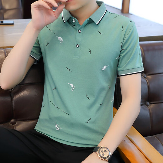 Seven Wolf men's summer short-sleeved T-shirt pure cotton loose reverse collar POLO shirt simple casual collar T-shirt collar 2076 green + 724 black 3XL 150-160Jin [Jin equals 0.5 kg]