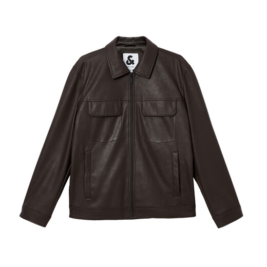 JACK&JONES 25th Men's Autumn Jacket Men's Business Casual Jacket Solid Color PU Leather Commuting Multi-Pocket Jacket Top E09 Chocolate Brown XL (185)