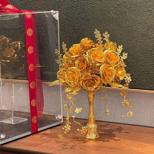 Cup Horse Chinese Style Bride Wedding Handd Fleur Fleur Golden Rose Wedding Gift Wedding Handmade DIY XIUHE CADEAU le meilleur ami Rose de la Rose - Sac à base + boîte-cadeau transparente + sac cadeau