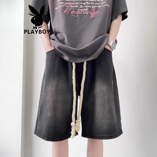 花花公子（PLAYBOY）黄泥色牛仔短裤男士夏季休闲中裤潮牌美式高街直筒五分裤 9923黄泥色 S 【90-110斤】