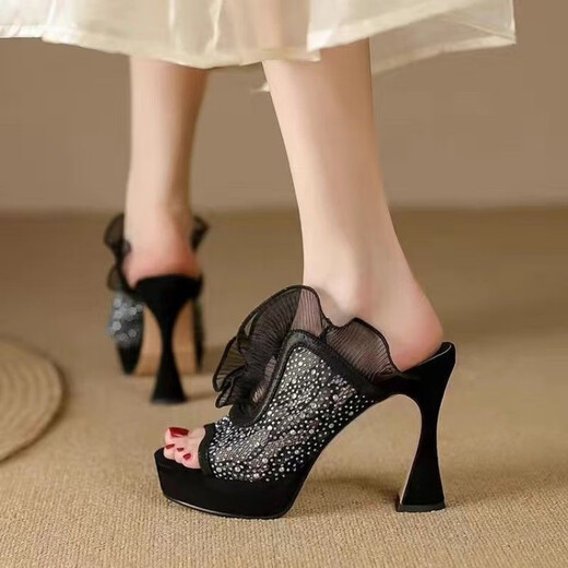
Sleepy exposed toes and high heels waterproof platform wearing sandals for women in summer fairy Feng Shui rhinestone fish mouth thick heel flip-flops black 36