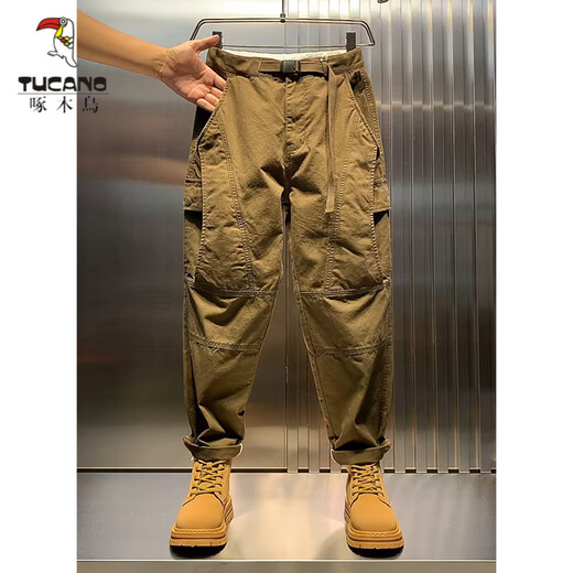 Woodpecker (TUCANO) American retro all-match overalls for men spring and autumn new khaki small-footed harem pants men's loose casual pants khaki (belt) M recommended 100-120Jin Jin equals 0.5 kg