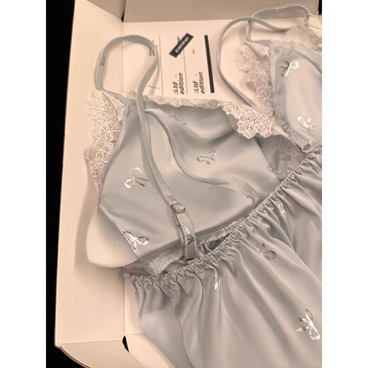 
Miao Dai 2025 summer ice ribbon chest pad pajamas for women four-piece set lace bow embroidered sexy sweet home clothes blue [with chest pad] suspenders + shorts M (160)