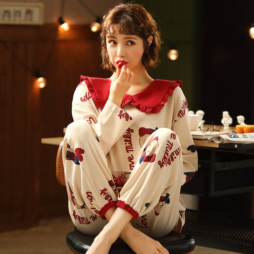 
Urban beauty pajamas women's spring and autumn pure cotton long sleeve cute Korean sweet suit summer autumn winter princess style casual home clothes green apricot color GXT9923 picture color M (recommended 75-95Jin [Jin equals 0.5 kg])