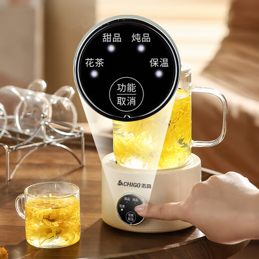 Chigo mini health kettle all-glass office health kettle for one person, kettle, stew kettle, all-in-one small fully automatic constant temperature kettle, teapot, scented tea kettle, electric stew cup, cream white 0.8L - single pot + 304 filter + smart base
