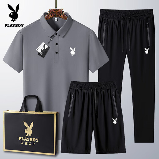 Playboy (PLAYBOY) dad summer suit for middle-aged and elderly casual ice silk POLO. shirt short-sleeved T-shirt 40-60 years old clothes black 6629 [shorts] suit M wear 95-110Jin [Jin equals 0.5 kg]