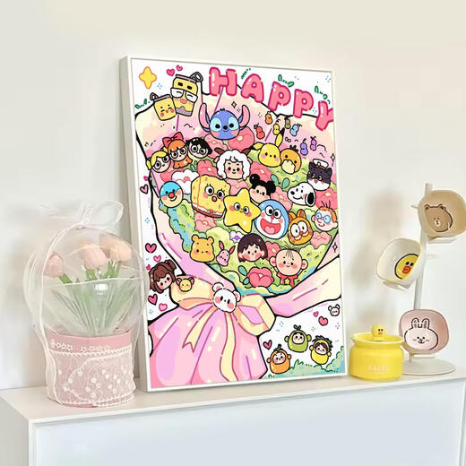 甜苗苗蜡笔小新花束数字油画diy手绘丙烯填充填色手工涂色卡通动漫装饰 X15868 全套内框材料包20*30cm