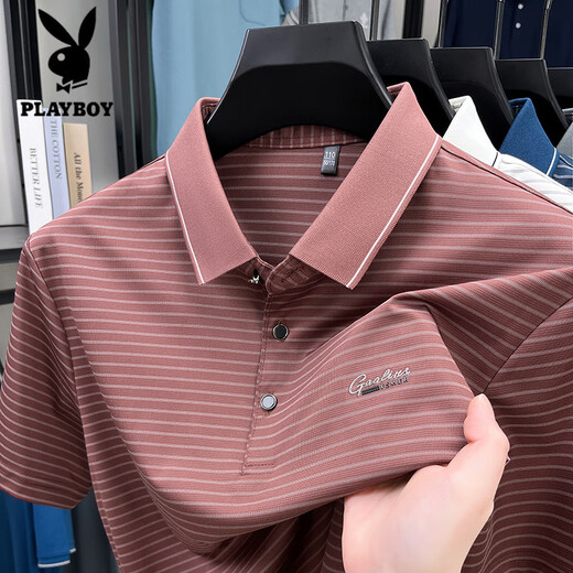 
Playboy (PLAYBOY) ice silk striped t-shirt men's short-sleeved summer thin lapel dad loose casual large-size polo shirt white 9922 M
