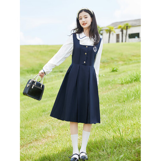 TVST light luxury brand children's clothing for girls and boys autumn new style dress fashionable and versatile girl suspender skirt for girls navy blue 130 cm