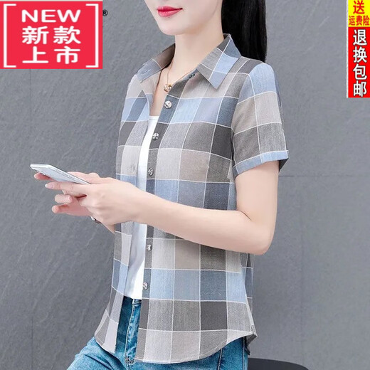 恒源祥纯棉格子衬衫女短袖夏季新款气质衬衣妈妈洋气显瘦外穿上衣 WJG 9202 黄色短袖 S 建议80-95斤
