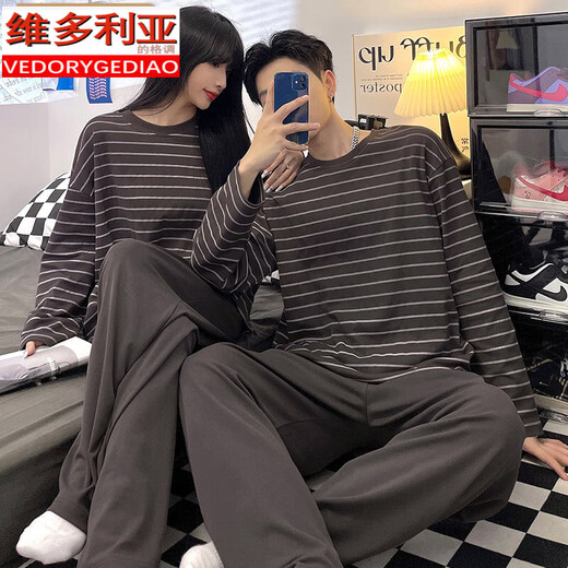 Victoria's style couple pajamas for spring and autumn new long-sleeved cotton men and women casual striped home clothes two-piece set #XF-15567 M women [75-100]Jin[Jin equals 0.5 kg]