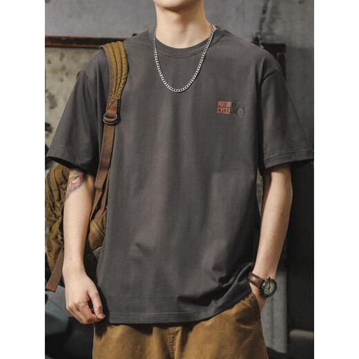 LA海澜之家HLA同款三本针潮牌短袖t恤男夏季宽松大码纯棉体恤美式复古机车印花半袖 HST1518深灰色 M 100-120斤