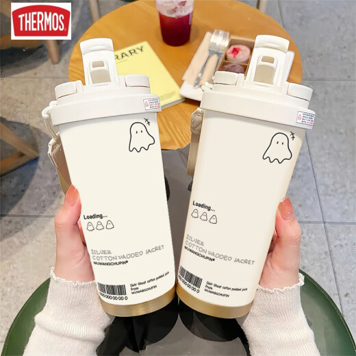 膳魔师（THERMOS）可爱幽灵保温杯高颜值学生不锈钢便携新款双饮咖啡男女吸管水杯子 BXAB13795幽灵粉+配挂绳 陶瓷内胆