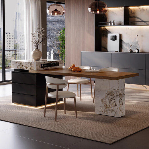 KSALOY Italian minimalist island dining table all-in-one home retractable slate small apartment restaurant high-end dining chair center guide table retractable island socket light strip + induction cooker 2.35m -2.7m slate island dining table