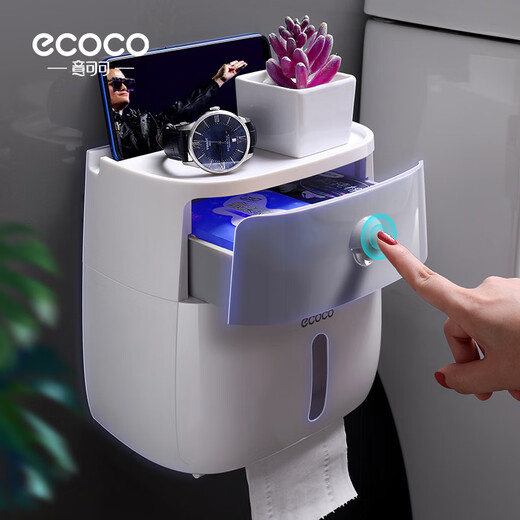Ecoco bathroom tissue box wall-mounted waterproof toilet paper punch-free toilet paper toilet paper roll storage rack double layer - blue and white