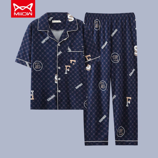 Catman (Miiow) Herren-Pyjamas Sommer reines Baumwoll-Kurzärmel-Hosen Frühling dünne Strickjäe Teenager Großgröße Lose Home Clothing Set G3881 Blau (kurzärmelig) l [Empfohlen 100-120 Jin [Jin gleich 0,5 kg]]