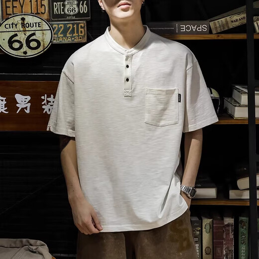 Kazuki Kuraishi Kuraishi Polo blanc tendance à manches courtes masculines NOUVEAU AMÉRICAIN RETRO HENRY COLLAR T-shirt Top White XL
