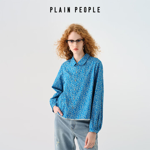 PLAIN PEOPLE法式度假花卉印花翻领花边衬衫上衣女蓝色2025秋新款 彩蓝 M