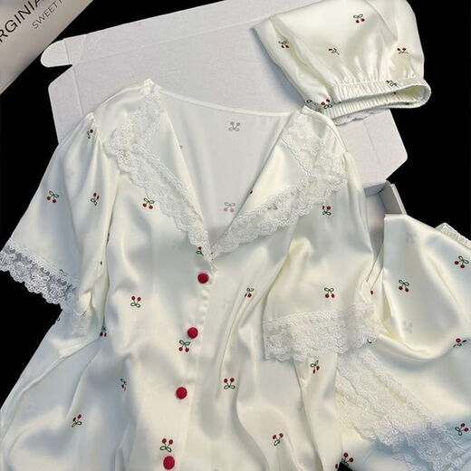 UKUHPKins小樱桃蕾丝边睡衣女夏季三件套短袖短裤长裤家居服薄 LW-9214【短袖短裤】 M 【建议80-100斤】