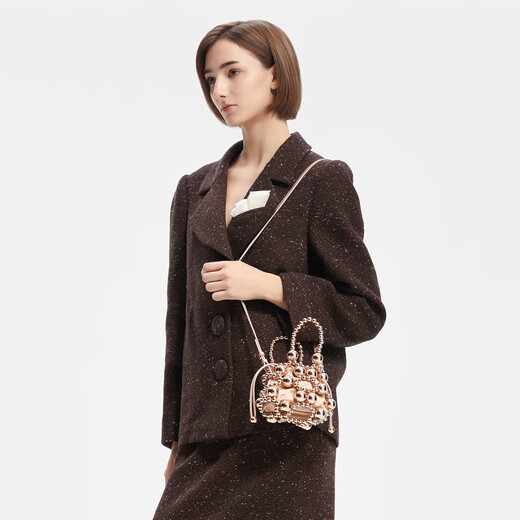 CHARLES&KEITH夏季女包CK2-50151346-A镂空金属串珠缎面手拎包女官方旗舰正品 Rose Gold玫瑰金色