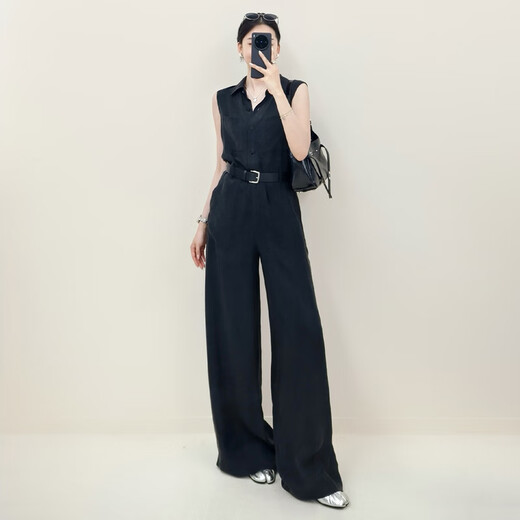 Meiyang Venetian Jumpsuit Lanjing Tianshi Sand Wash Loose Suit [Small 70] Black (édition étendue) M