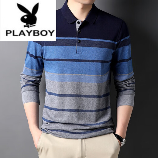 花花公子（PLAYBOY）中青年纯棉长袖T恤男春秋翻领Polo.衫条纹体恤打底衫时尚潮流上衣 蓝色9918MSJ纯棉 175/XL 140斤-155斤