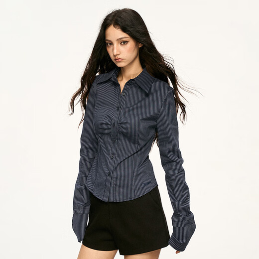 AAISUP American Striped Waist Long Sleeve Shirt Women's 2025 Spring and Autumn Design Hot Girl Slim Fit Bottoming Top Trendy Navy L