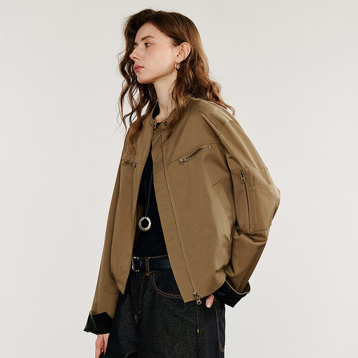Chuyu jacket for women 2025 autumn new retro Bath style stand collar loose short high street style jacket cafe green L