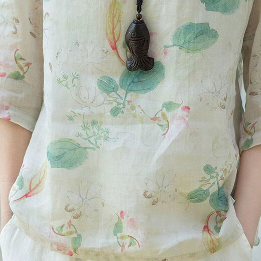 子牧棉麻2025夏装 女中式国风印花上衣短款宽松显瘦衬衫珠扣小衫9221 花色 M (建议95-115斤)