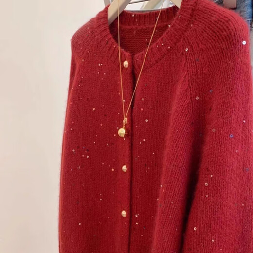 Gentle atmosphere sequin round neck sweater cardigan for women spring and autumn zodiac new year retro red soft waxy knitted jacket 1581 red