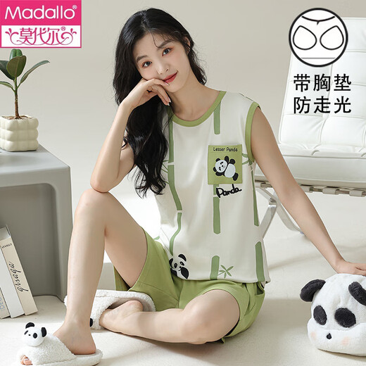 
Modal vest pajamas with chest pad for women for summer pure cotton thin cartoon panda sleeveless home clothing set can be worn outside large size chest pad for vest set-Y1105 M women Recommended 80-100Jin [Jin equals 0.5 kg]