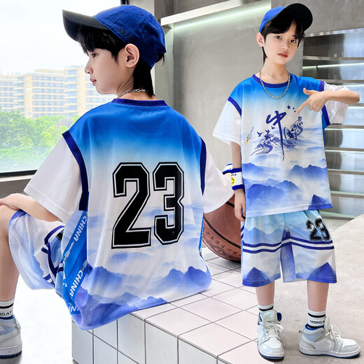 男童夏装球服套装洋气儿童夏季篮球服中大童运动短袖速干衣中国风 DMG-9905-地球球服-蓝色 120 建议身高110cm