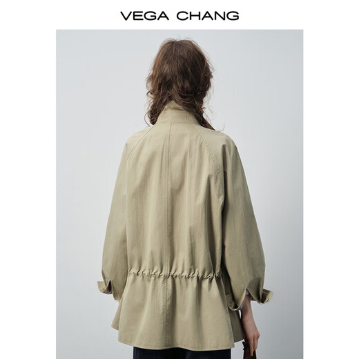 VEGA CHANG windbreaker for women petite 2026 spring new style waisted short cuffs striped splicing loose jacket fog khaki S
