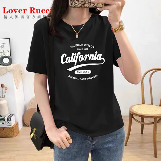 Amante Rucci Camiseta de manga corta de algodón puro blanco para mujeres Hong Kong Fabor Chic Top 2025 Summer NUEVA VERSIÓN COREANA TRENDA TRENDA LOGRA TAMAÑO BLANCO 6172 Modelo regular blanco (estampado azul) S
