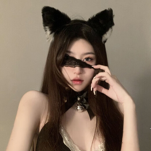 DUTRIEUX cat ear headband female cos cat ear headband female hair accessory rabbit ear headwear couple fun bell collar eye mask cat ear headband + lace eye mask + bell collar