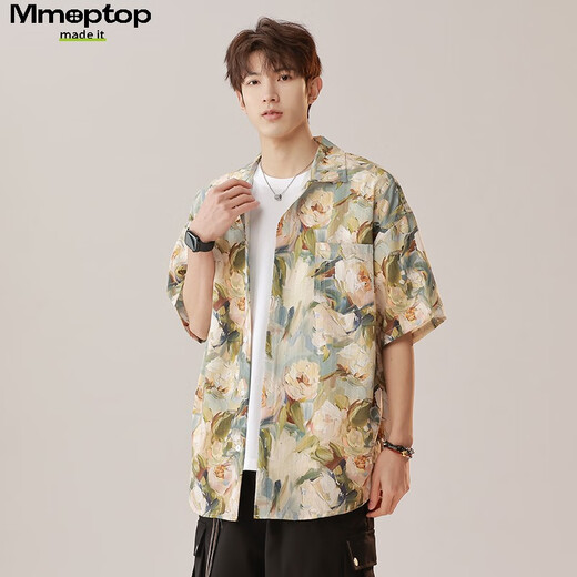 MMOPTOP THAI RETRO Floral Hemd Sommermänner Ice Seide Kühle atmungsaktive kurzärmelige Top MCS16 Sabah Aprikose L.