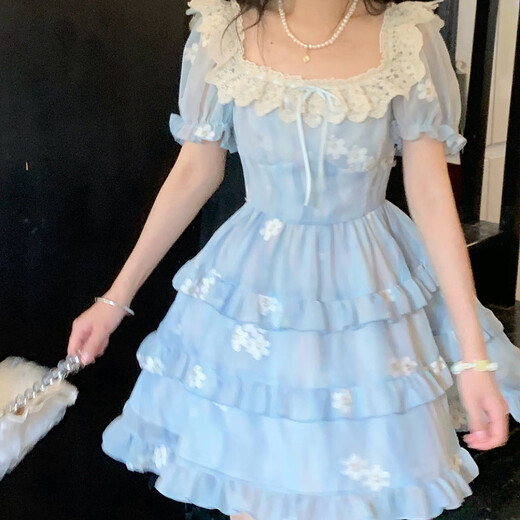 Yu Shang Zhen Produits Nouveau petit homme français en été super fée, robe à gâteau floral sucré robe, robe respirante mince [bleu M]