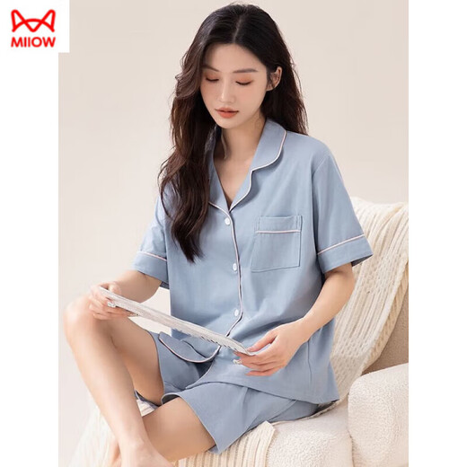 猫人睡衣女夏季薄款纯棉短袖短裤全棉简约女士夏天家居 9902黑色纯棉 M [建议80-100斤]
