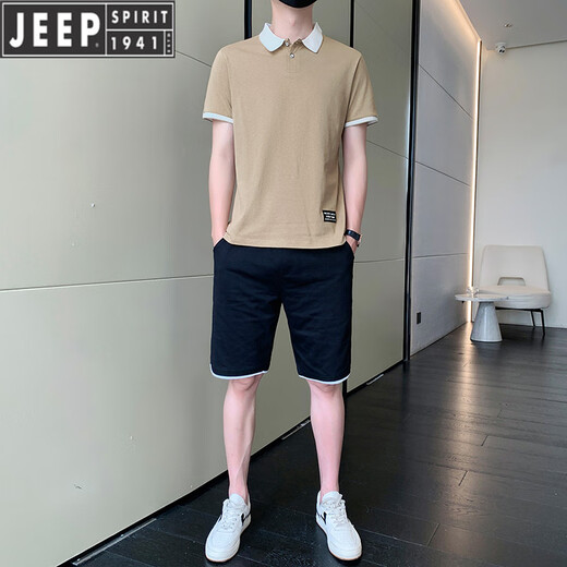 吉普（JEEP）运动休闲套装男士夏季薄款冰丝t恤短袖短裤两件套polo衫帅气百搭 白色9863(一套) M