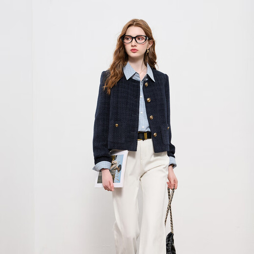 Drei Farbe 2025 Herbst Neuer alte Qianfeng Xiaoxiang Jacke Loose Short Round Neck Cardigan Single Breast M Navy Blue S 155/80A