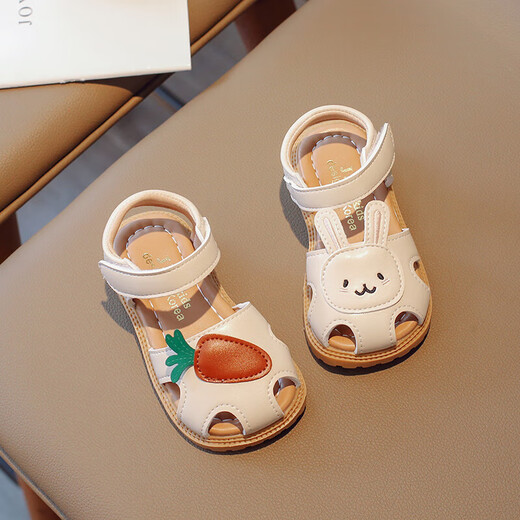 Fat Donglai Girls Baotou Sandals 2024 Summer New Children's Hollow Princess Shoes Female Baby Soft Bottom Rabbit Toddler Shoes Trendy Off-White 23 Sizes/Inner Length 15.0cm