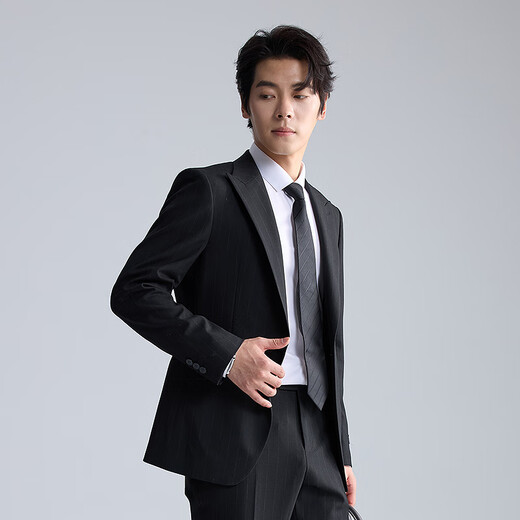 Lilang Youth Business Men's Wool Blended Suit Men's Striped Lapel Collar Formal Suit Two-piece Set Black (1SA) 175A
