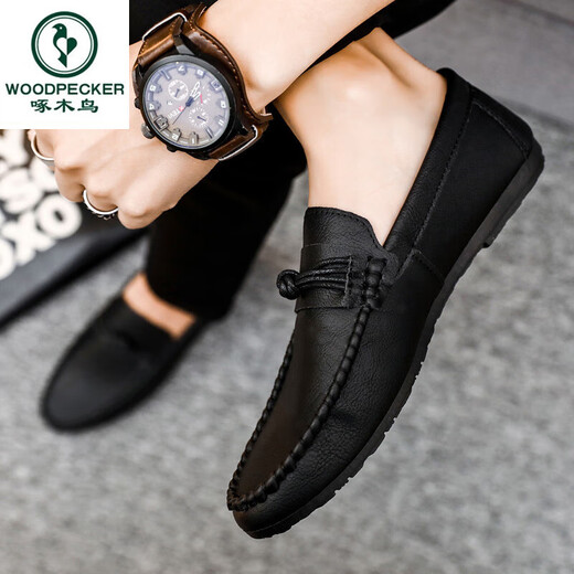 Woodpecker Herren Beans Schuhe koreanische Businessarbeit lässige Lederschuhe atmungsaktives vielseitiges Nicht-Schlupf-Ein-Schritt-Männerschuhe 2025 Sommer D826 Black 39