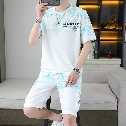 TTPMER春夏男士短袖短裤一套韩版休闲T恤五分裤两件套青套装运动 蓝色 6187-套装 M