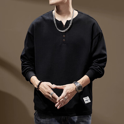 JEEP SPIRIT sweatshirt men's autumn and winter new loose large size American fashion brand top Henry collar bottoming shirt with long sleeves BN201 black XL