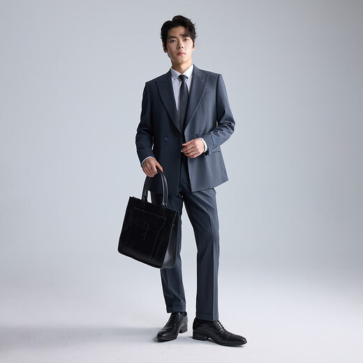 Lilang Youth Business Men's Double-breasted Suit Men's Lapel Lapel Striped Suit Commuting Formal Two-piece Set Navy (2SA) 175A