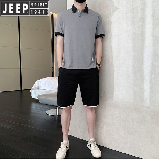 吉普（JEEP）运动休闲套装男士夏季薄款冰丝t恤短袖短裤两件套polo衫帅气百搭 白色9863(一套) M
