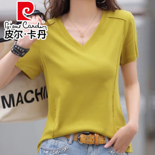 皮尔卡丹（pierre cardin）时尚休闲v领纯棉正肩短袖T恤女夏季韩版新款宽松黑色短袖薄款体恤 酒红色纯棉9855 S 85-95斤